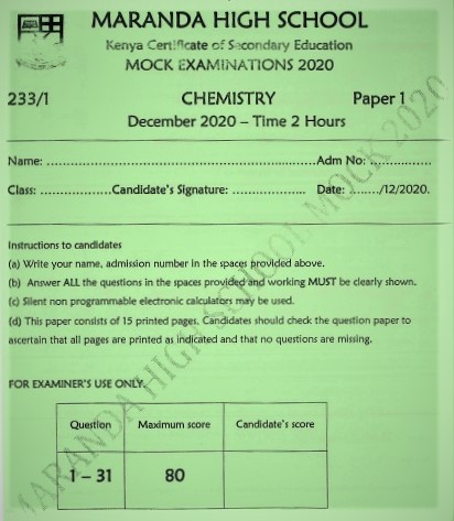 Maranda Mock Chemistry Paper 1 2020 (With Marking Scheme)