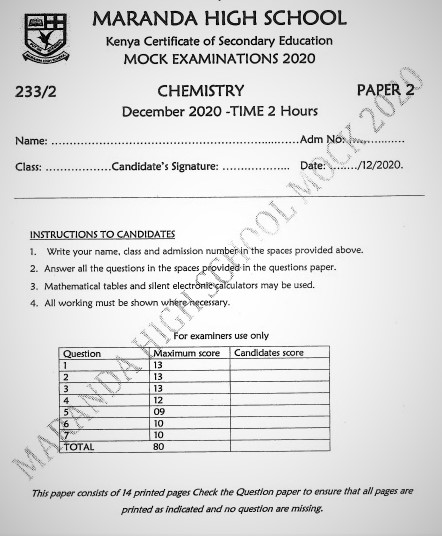 Maranda Mock Chemistry Paper 2 2020 (With Marking Scheme)