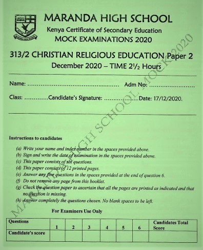 Maranda Mock Christian Religious Education Paper 2 2020 (With Marking Scheme)