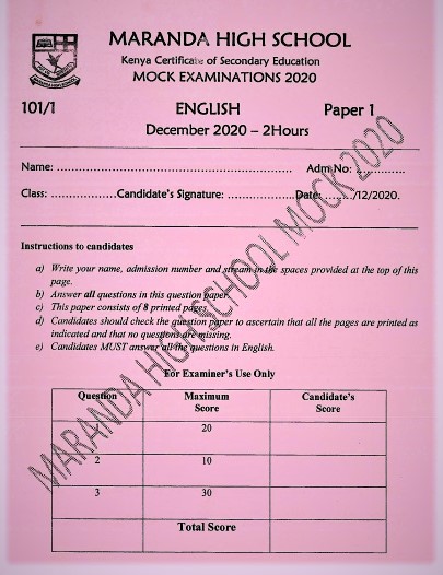 Maranda Mock English Paper 1 2020 (With Marking Scheme)