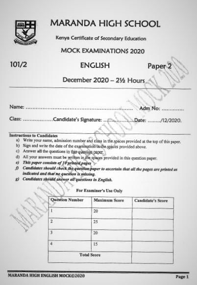Maranda Mock English Paper 2 2020 (With Marking Scheme)