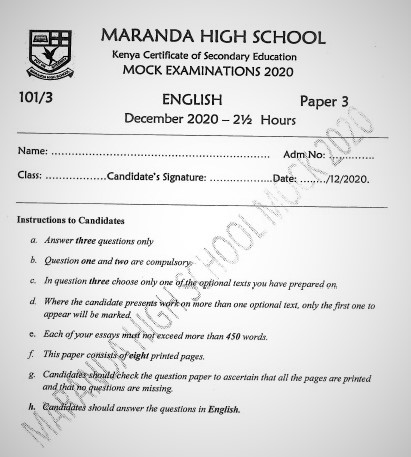 Maranda Mock English Paper 3 2020 (With Marking Scheme)