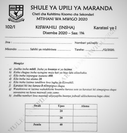 Maranda Mock Kiswahili Paper 1 2020 (With Marking Scheme)