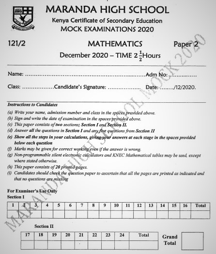Maranda Mock Mathematics Paper 2 2020 (With Marking Scheme)