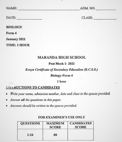 Maranda Post-Mock Biology Paper 1 2021 (With Marking Scheme)