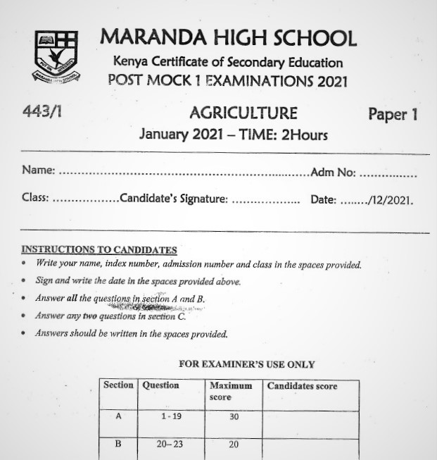 Maranda Post-Mock Agriculture Paper 1 2021 (With Marking Scheme)