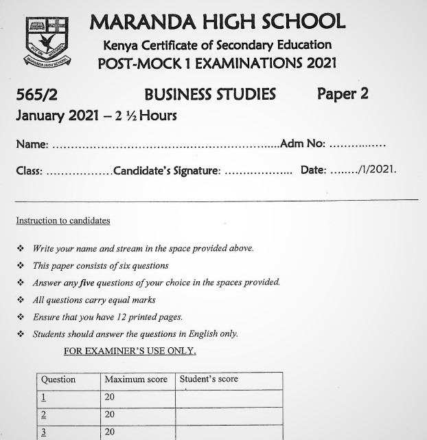 Maranda Post-Mock Business Studies Paper 2 2021 (With Marking Scheme)