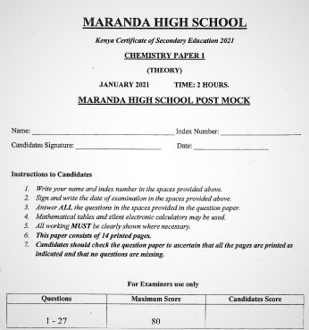 Maranda Post-Mock Chemistry Paper 1 2021 (With Marking Scheme)