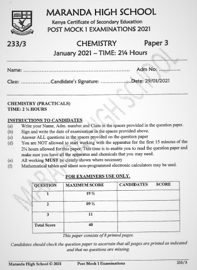 Maranda Post-Mock Chemistry Paper 3 2021 (With Marking Scheme)