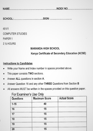 Maranda Post-Mock Computer Studies Paper 1 2021 (With Marking Scheme)