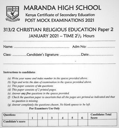 Maranda Post-Mock Christian Religious Education Paper 2 2021
