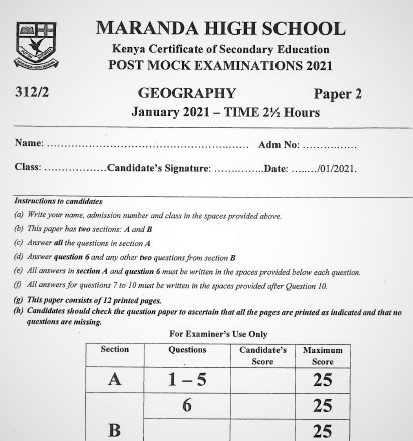Maranda Post-Mock Geography Paper 2 2021 (With Marking Scheme)