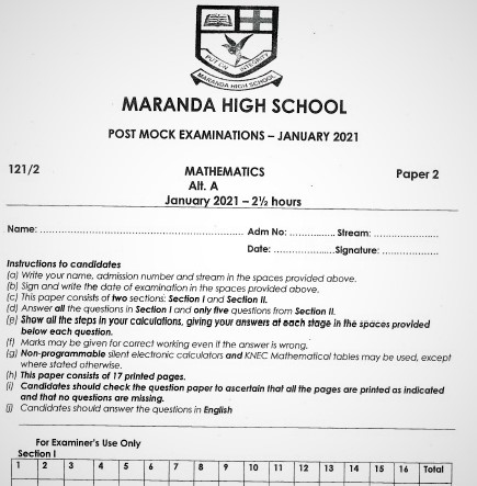 Maranda Post-Mock Mathematics Paper 2 2021 (With Marking Scheme)