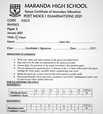 Maranda Post-Mock Physics Paper 3 2021 (With Marking Scheme)