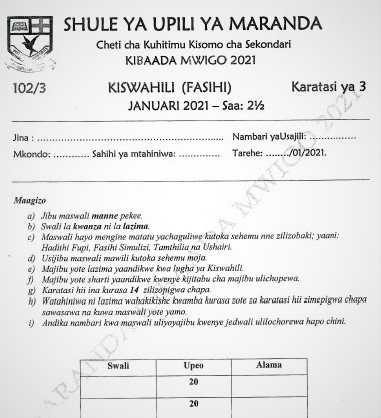 Maranda Post-Mock Kiswahili Paper 3 2021 (With Marking Scheme)