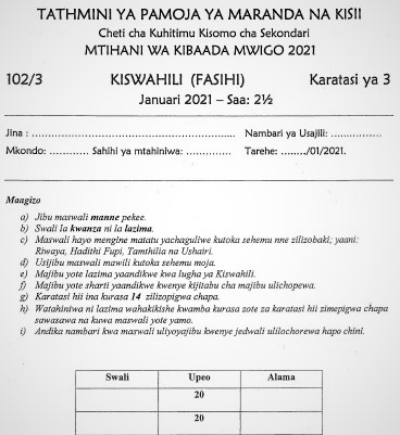 Maranda & Kisii Joint Post-Mock Kiswahili Paper 3 2021 (With Marking Scheme)