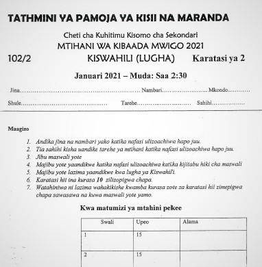 Maranda & Kisii High Joint Post-Mock Kiswahili Paper 2 2021 (With Marking Scheme)