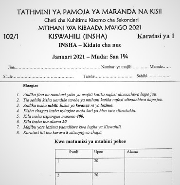 Maranda & Kisii High Joint Post-Mock Kiswahili Paper 1 2021 (With Marking Scheme)