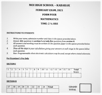 Moi Kabarak Post-Mock Mathematics Paper 2021 (With Marking Scheme)