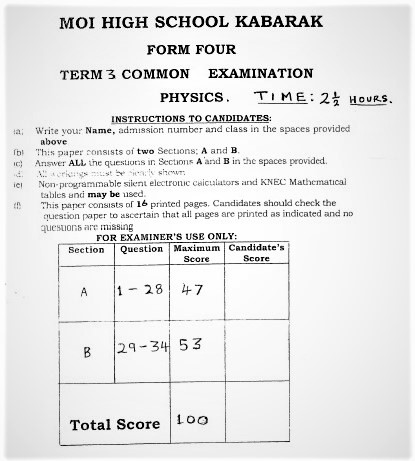 Moi Kabarak Post-Mock Physics Exam Paper 2021 (With Marking Scheme)