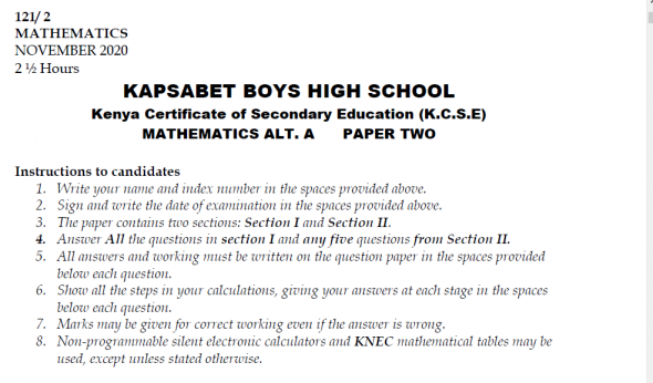 Kapsabet Mock 2021 Math Paper 2