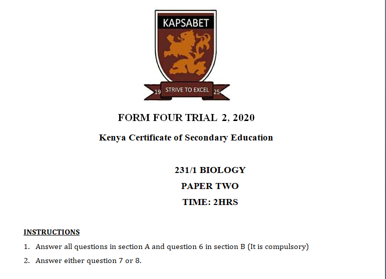 Kapsabet Mock Biology Paper 2 2021(With Marking Scheme)