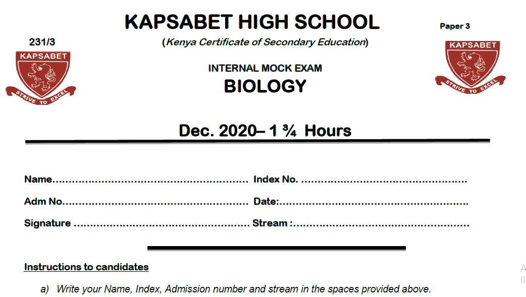 Kapsabet Mock Biology Paper 3 2021 (With Marking Scheme)