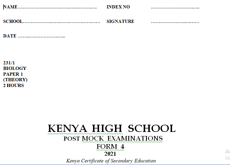 Kenya High Mock Biology Paper 1 2021 (With Marking Scheme)