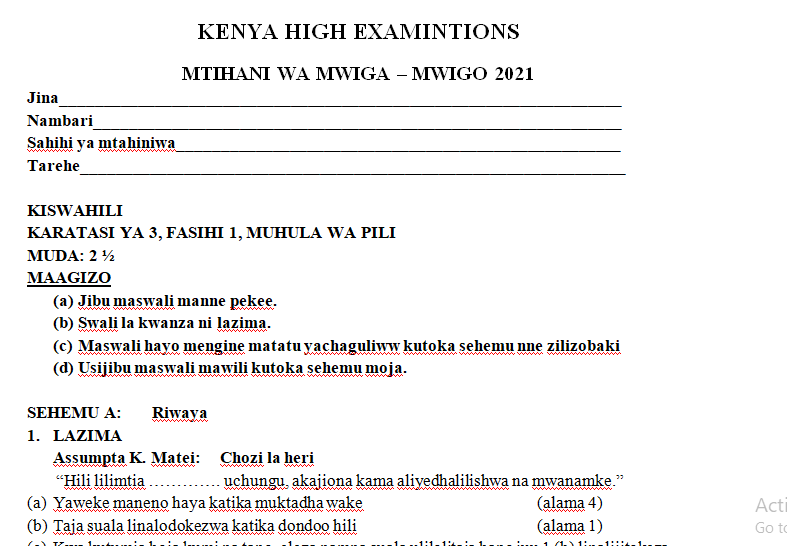 Kenya High Mock Kiswahili Paper 3 2021 (With Marking Scheme)