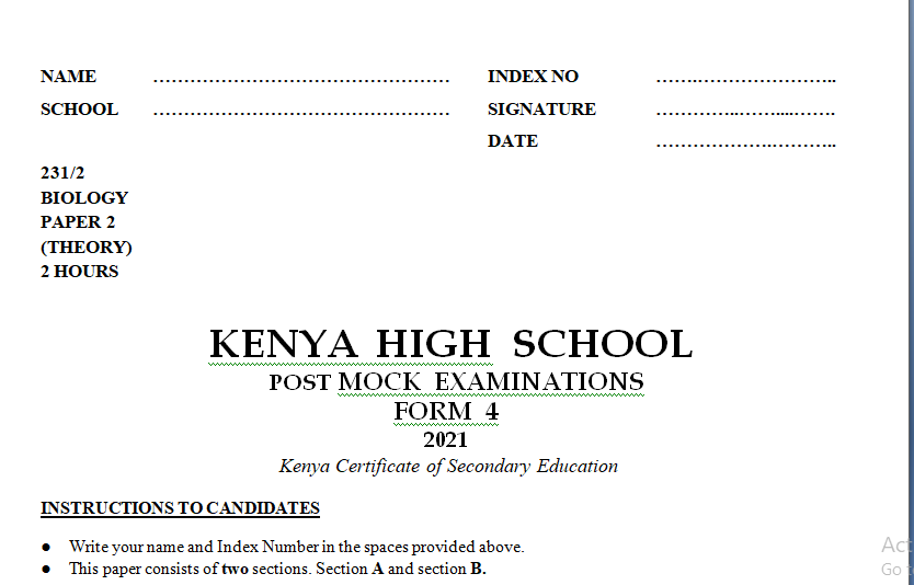 Kenya High Mock Biology Paper 2 2021 (With Marking Scheme)
