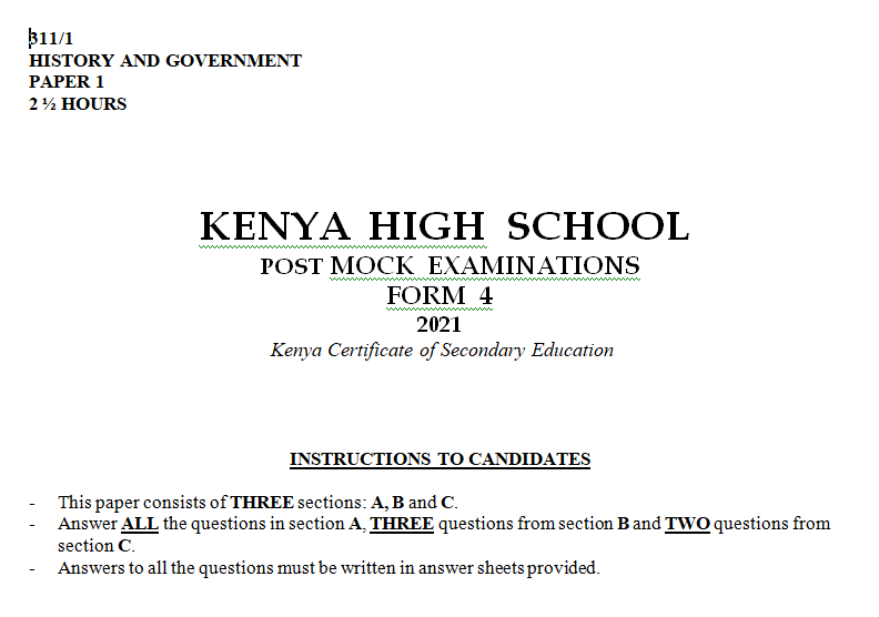 Kenya High Mock History Paper 1 2021 (With Marking Scheme)