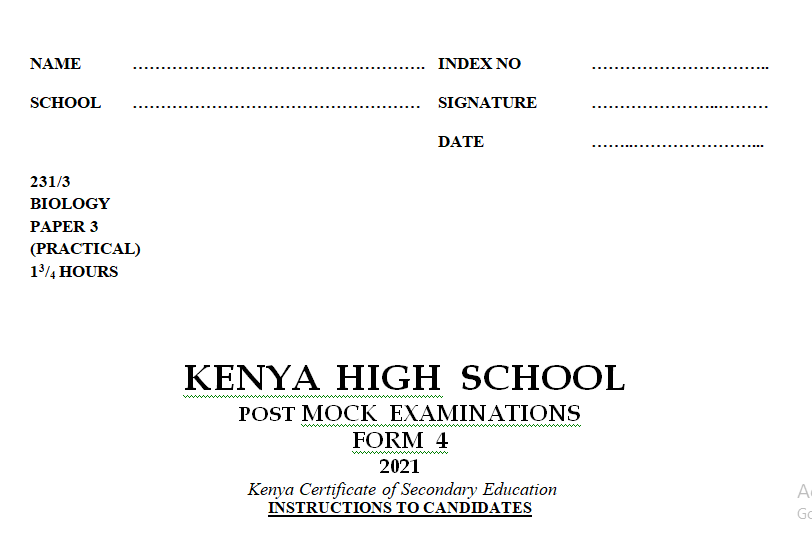 Kenya High Mock Biology Paper 3 2021 (With Marking Scheme)