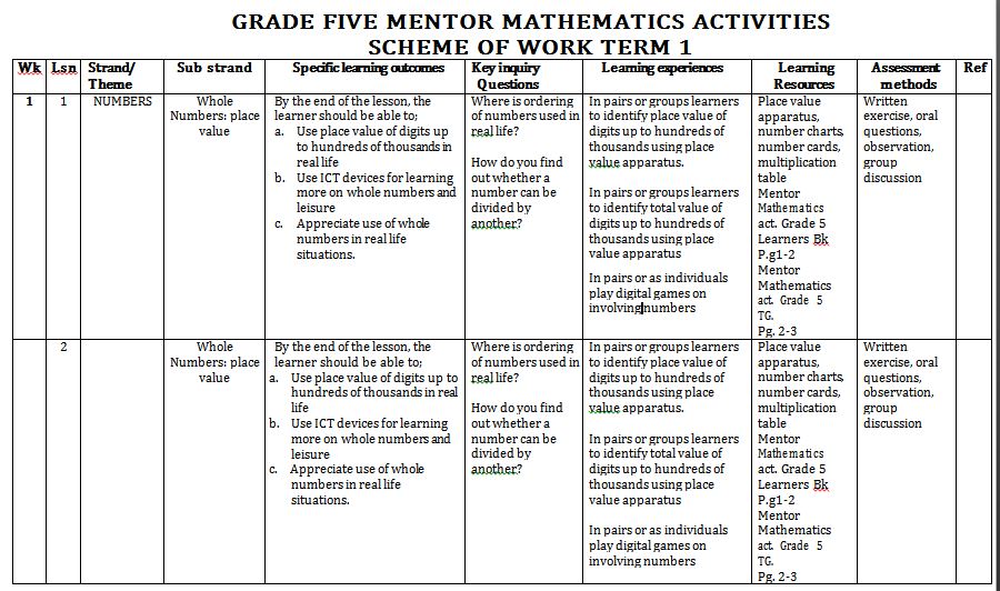 Mentor Mathematics Activities Schemes of Work term 1