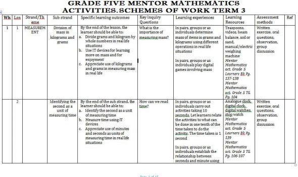 Mentor Mathematics Activities Schemes of Work term 3