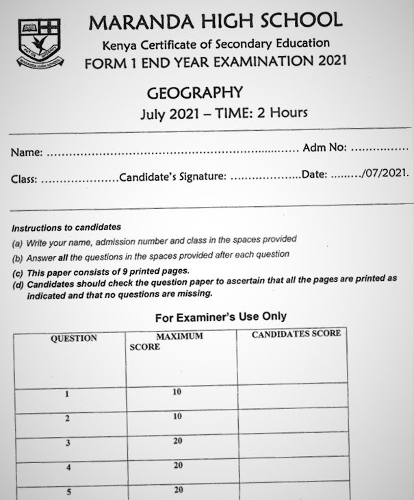Maranda Geography Form 1 End of Term 3 2021