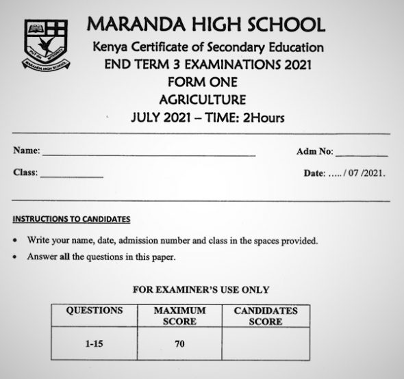 Maranda Agriculture Form 1 End of Term 3 2021