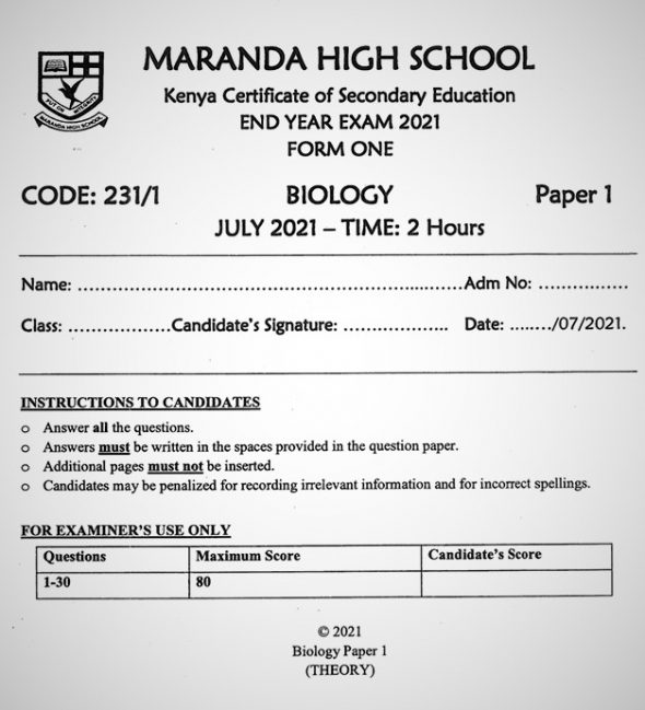 Maranda Biology Form 1 End of Term 3 2021
