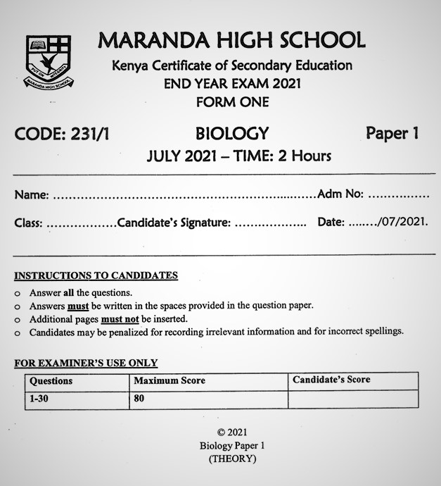 Maranda Biology Form 1 End of Term 3 2021