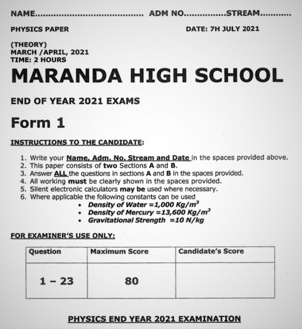 Maranda Physics Form 1 End of Term 3 2021