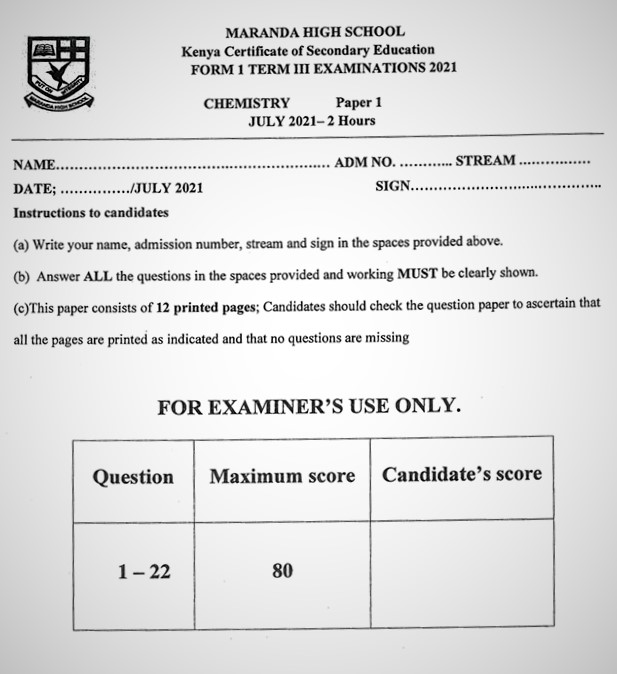 Maranda Chemistry Form 1 End of Term 3 2021