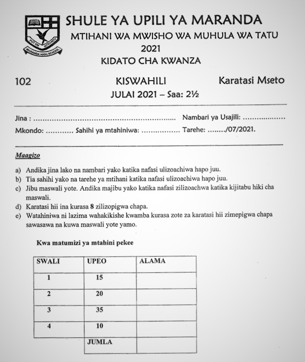Maranda Kiswahili Form 1 End of Term 3 2021