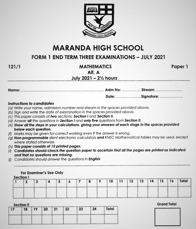 Maranda Mathematics Form 1 End of Term 3 2021