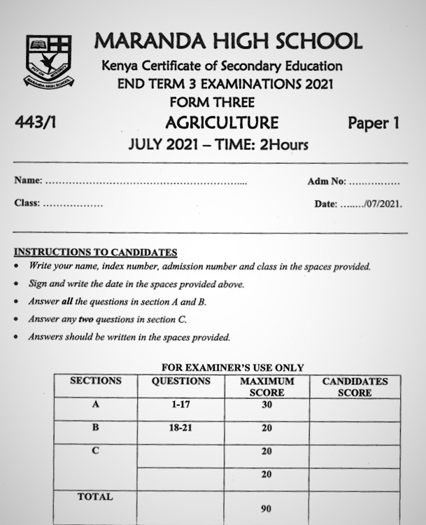 Maranda Agriculture PP1 Form 3 End of Term 3 2021