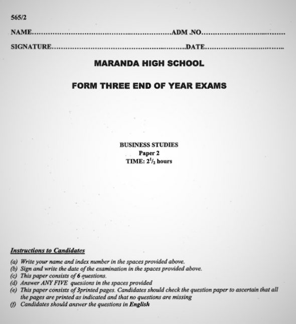 Maranda Business PP2 Form 3 End of Term 3 2021