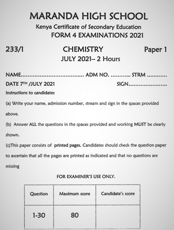 Maranda Chemistry PP1 Form 3 End of Term 3 2021