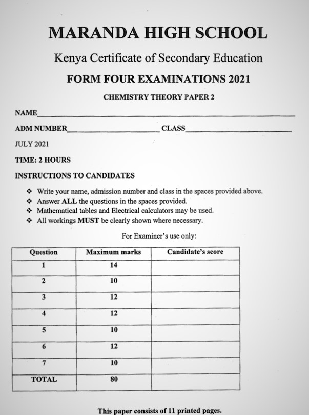 Maranda Chemistry PP2 Form 3 End of Term 3 2021