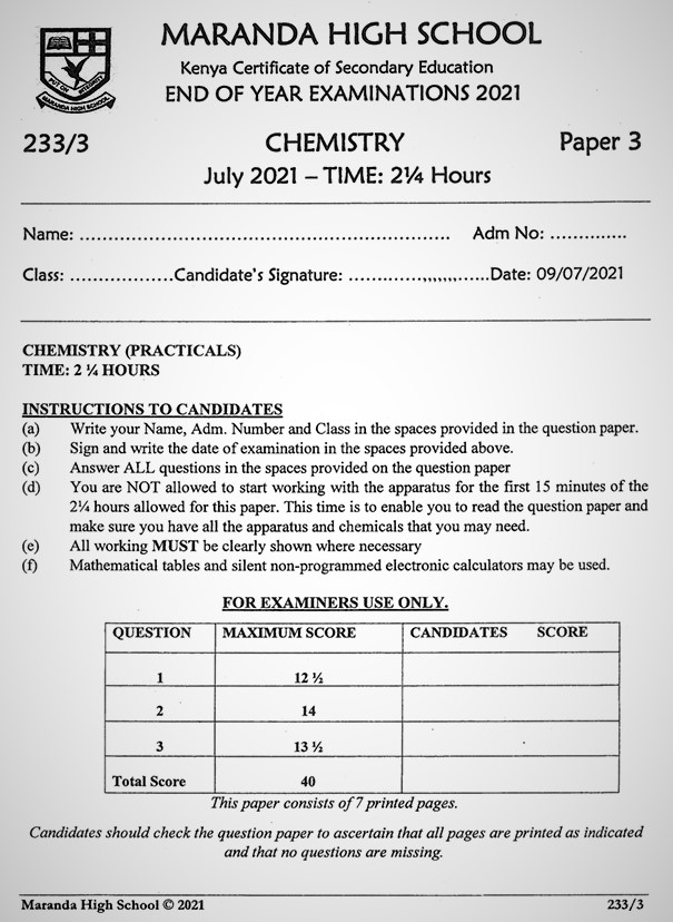 Maranda Chemistry PP3 Form 3 End of Term 3 2021