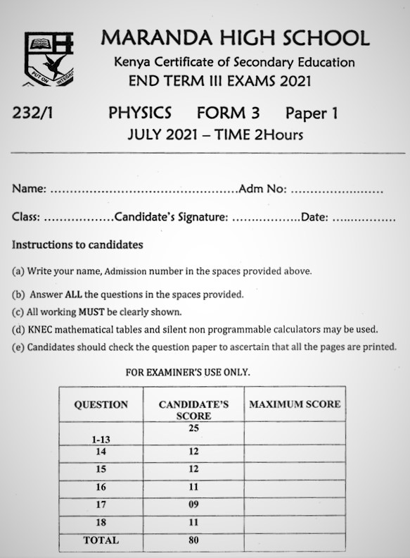 Maranda Physics PP1 Form 3 End of Term 3 2021