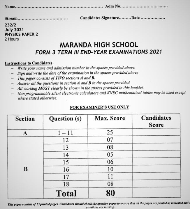 Maranda Physics PP2 Form 3 End of Term 3 2021