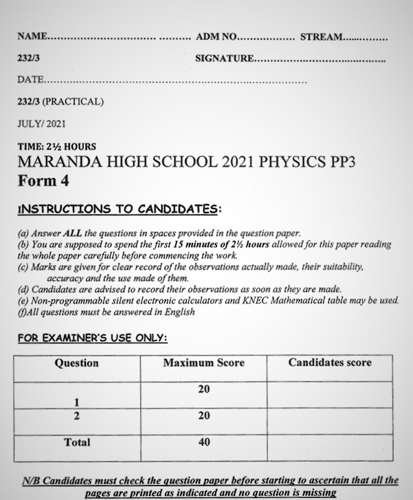 Maranda Physics PP3 Form 3 End of Term 3 2021